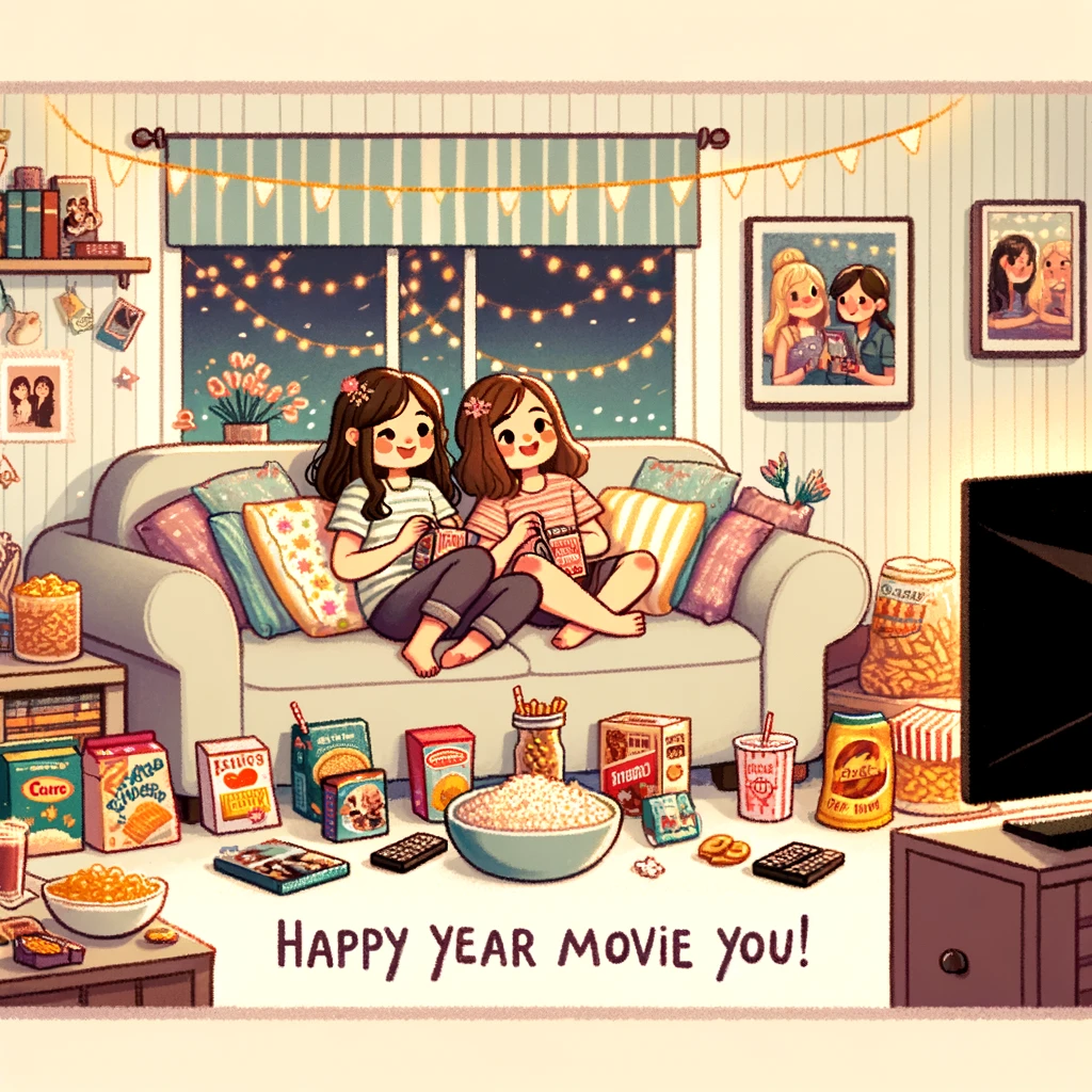 An image of two sisters having a movie marathon, sitting comfortably in a living room surrounded by snacks and DVDs. They should be lounging on a couch or pillows, with a TV screen showing a movie scene in the background. The room should be cozy and filled with a variety of snacks, creating an atmosphere of a fun and relaxed movie night. The sisters should appear happy and engaged, sharing this bonding experience. Caption at the bottom: 'To the best movie buddy and sister. Here's to another year of cinematic adventures. Happy Birthday!'