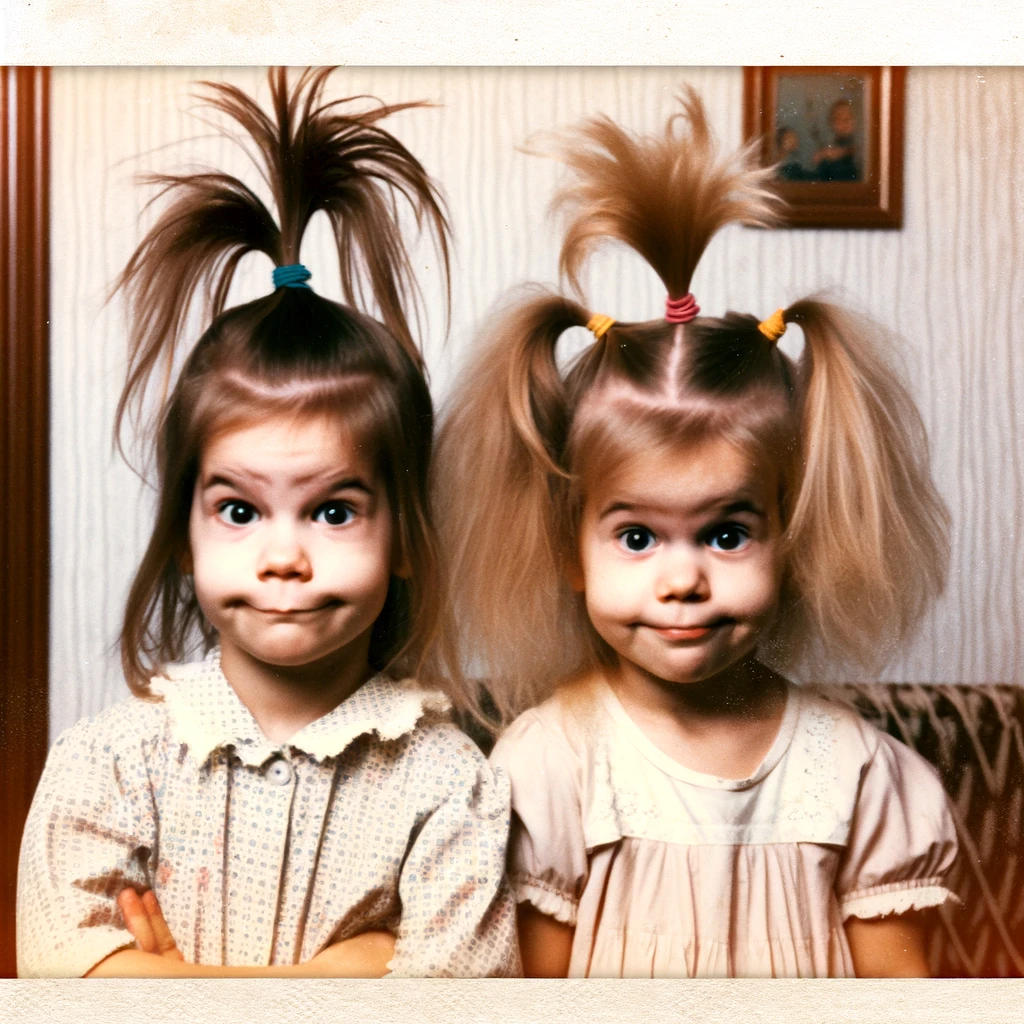 A throwback photo of two sisters with funny, mismatched hairstyles as kids. They should be posing with exaggerated expressions, showcasing their quirky hairstyles - one with pigtails going in different directions, the other with an uneven haircut or a funny hair accessory. The background can be a simple home setting, enhancing the nostalgic and playful mood. The image should capture the humor and innocence of childhood. Caption at the bottom: 'From bad hair days to great ones, we've seen it all. Happy Birthday to my fabulous sister!'