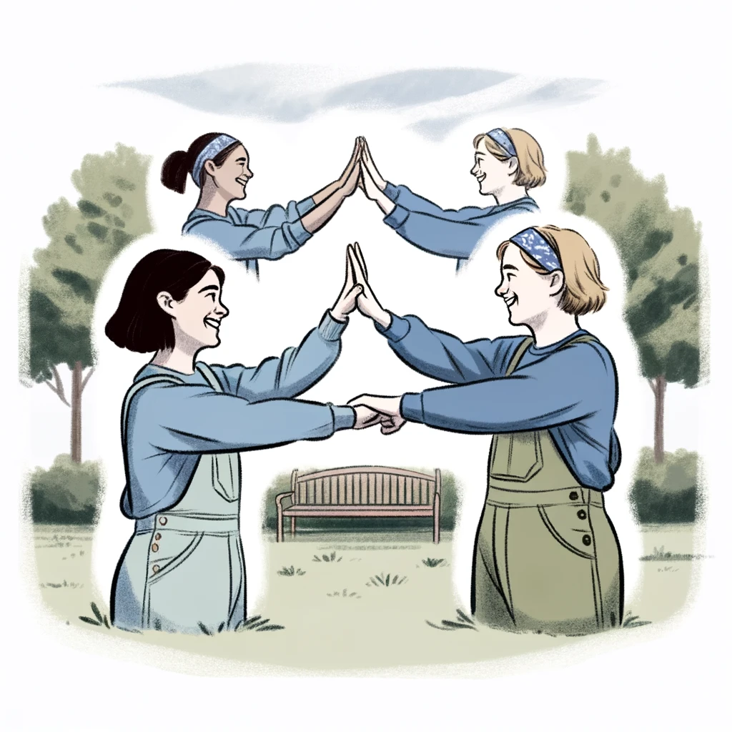A gif or drawing of two sisters performing an elaborate secret handshake. They should be facing each other, smiling, and engaged in a series of fun, coordinated hand movements, like high-fives, fist bumps, and hand claps. The background can be a park or a backyard, adding to the playful and casual atmosphere. The image should convey a sense of fun, connection, and the unique bond between the sisters. Caption at the bottom: 'To the keeper of my secrets and the best handshake partner. Happy Birthday, Sis!'