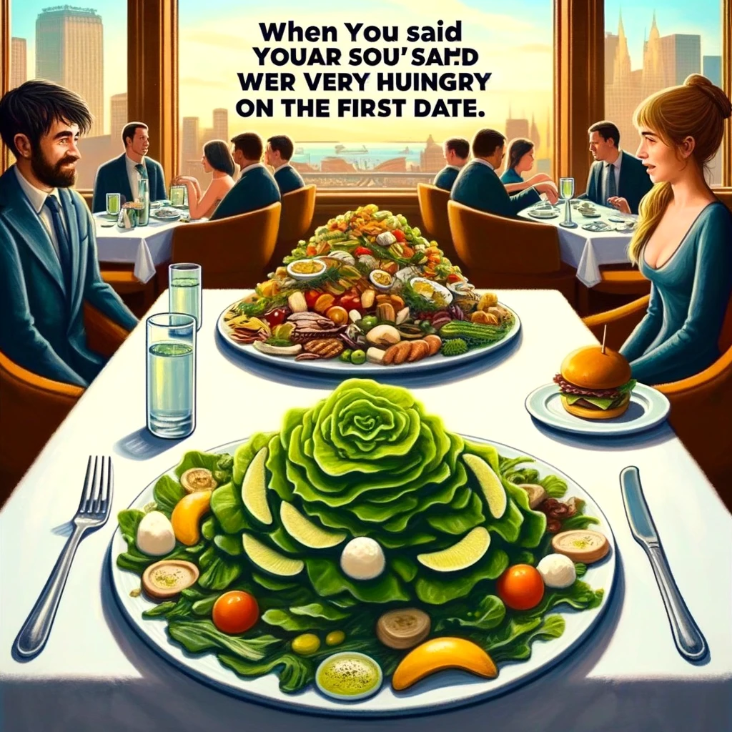 A picture of two dinner plates at a fancy restaurant. One plate is overloaded with food, while the other has just one small piece of lettuce. There's a caption: "When you said you weren't very hungry on the first date." The image should have a humorous, light-hearted feel, capturing the contrast between the two plates in a fancy dining setting, emphasizing the humor in the situation.