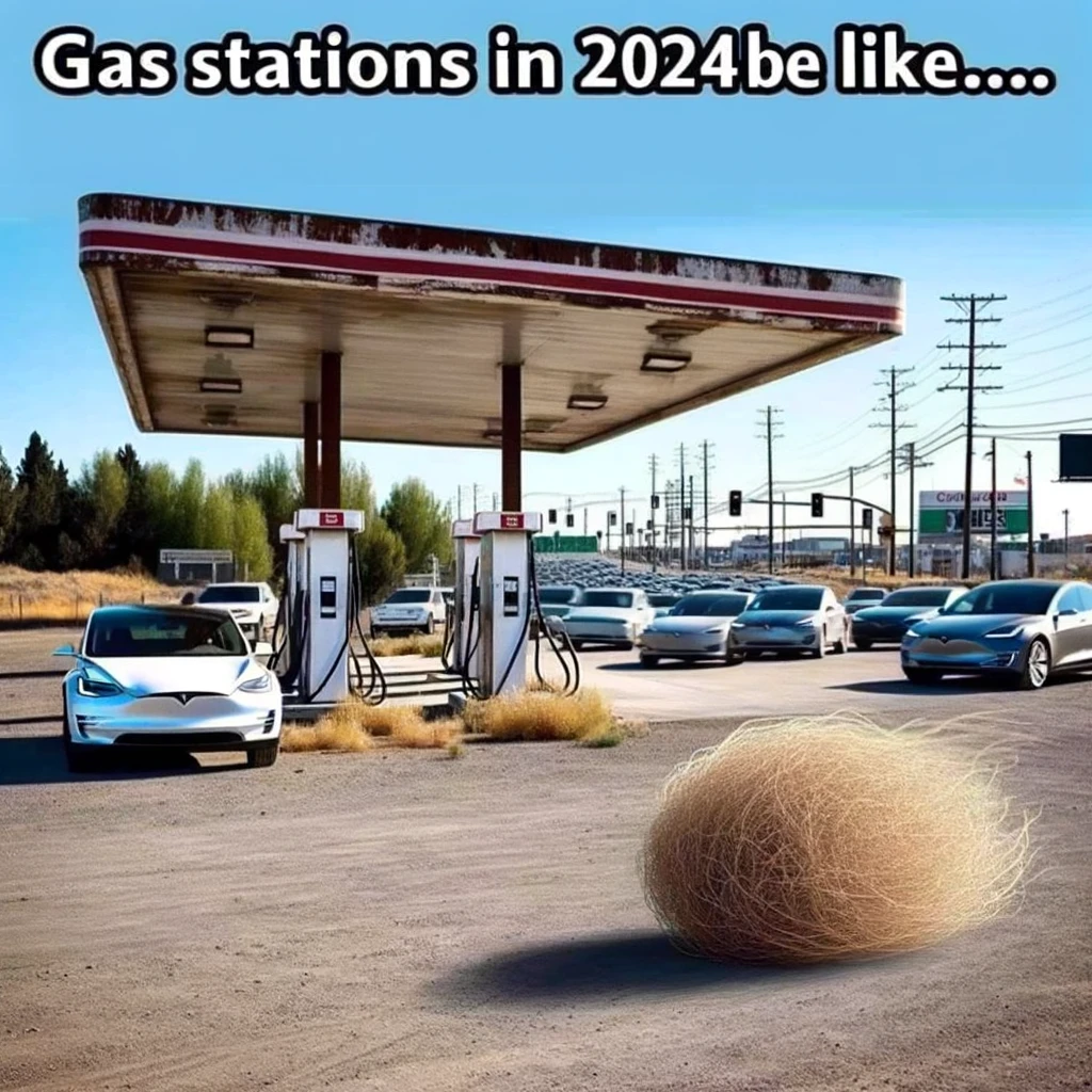 A humorous meme image depicting a tumbleweed rolling through an abandoned gas station, with electric cars passing by on a busy road in the background. The gas station should look old and deserted, with signs of neglect like peeling paint and rusty pumps, to emphasize the shift to electric cars. The road behind should be bustling with modern electric vehicles, like Teslas or other models, indicating the popularity and prevalence of electric cars in 2024. The image should have a comical undertone, contrasting the obsolete gas station with the modern, busy road. The caption at the bottom reads: "Gas stations in 2024 be like..."