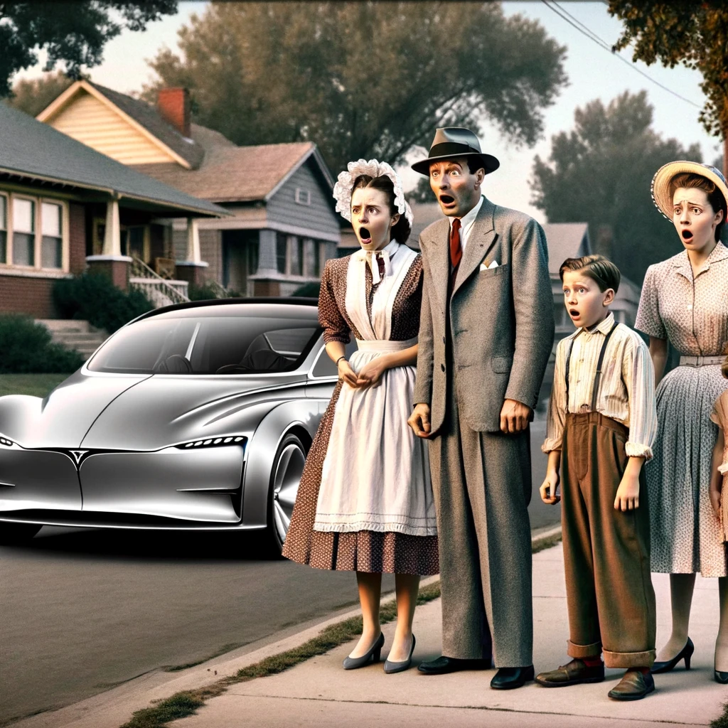 A 1950s family, dressed in period-appropriate attire, standing on a suburban street looking shocked and bewildered. The father is in a suit and hat, the mother in a dress and apron, and the children in mid-century clothes. They are staring at a modern, sleek, futuristic electric car that looks out of place in the 1950s setting. The image should have a humorous tone, capturing their surprise at seeing such a car. At the bottom, a caption reads: 'When you time travel from the '50s and discover electric cars aren't just in sci-fi movies.'