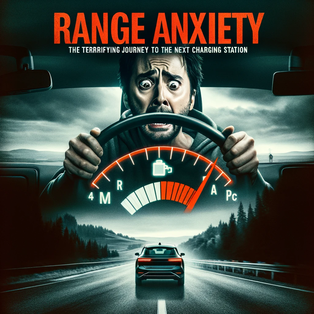 A dramatic movie poster featuring a driver looking terrified at a dwindling battery indicator on an electric car's dashboard. The poster is styled like a thriller movie with dark, suspenseful colors and a tense atmosphere. The title at the top reads 'Range Anxiety: The Terrifying Journey to the Next Charging Station' in bold, dramatic font. The background should be a blurred image of a long, empty road, enhancing the feeling of isolation and anxiety.