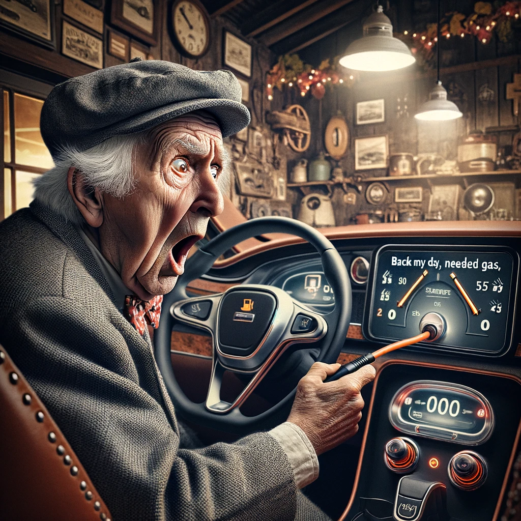 An image of an elderly man looking shocked and confused at an electric car's dashboard, which is sleek and modern with digital displays but no fuel gauges. The man is dressed in traditional, old-fashioned clothing to emphasize the generational gap. His expression should be one of disbelief and nostalgia. The caption at the bottom of the image reads, 'Back in my day, cars needed gas, and we liked it!' The background is a cozy, old garage filled with car-related memorabilia, adding to the theme of nostalgia and change.