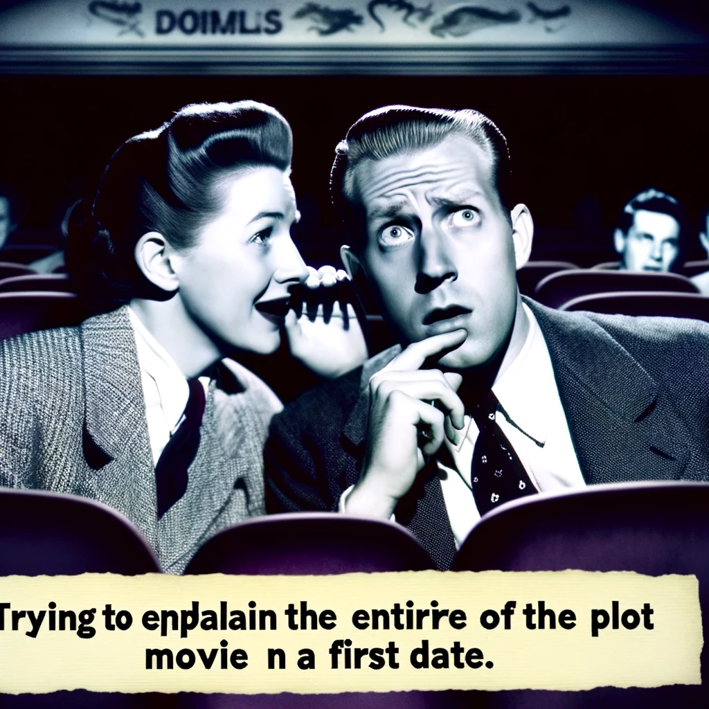 A scene in a dark movie theater with a couple. One person is whispering something into the other's ear, who looks utterly confused. The caption says: "Trying to explain the entire plot of the movie on a first date." The setting should be dimly lit to reflect a movie theater atmosphere, with one person eagerly whispering and the other looking baffled, adding a humorous touch to the situation.