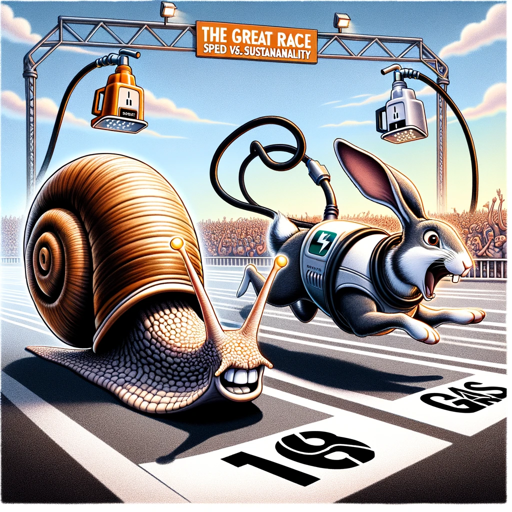 A humorous illustration featuring a race between a snail with an electric plug shell and a rabbit with gas pump ears. The snail, representing electric cars, has a sleek, modern design with an electric plug integrated into its shell. The rabbit, symbolizing gas cars, is fast and energetic, with gas pump nozzles for ears. They are racing on a track that resembles a road, with spectators cheering from the sides. The caption at the bottom reads 'The great race: Speed vs. Sustainability.' The background shows a contrasting scene of nature and urban development to emphasize the environmental aspect.