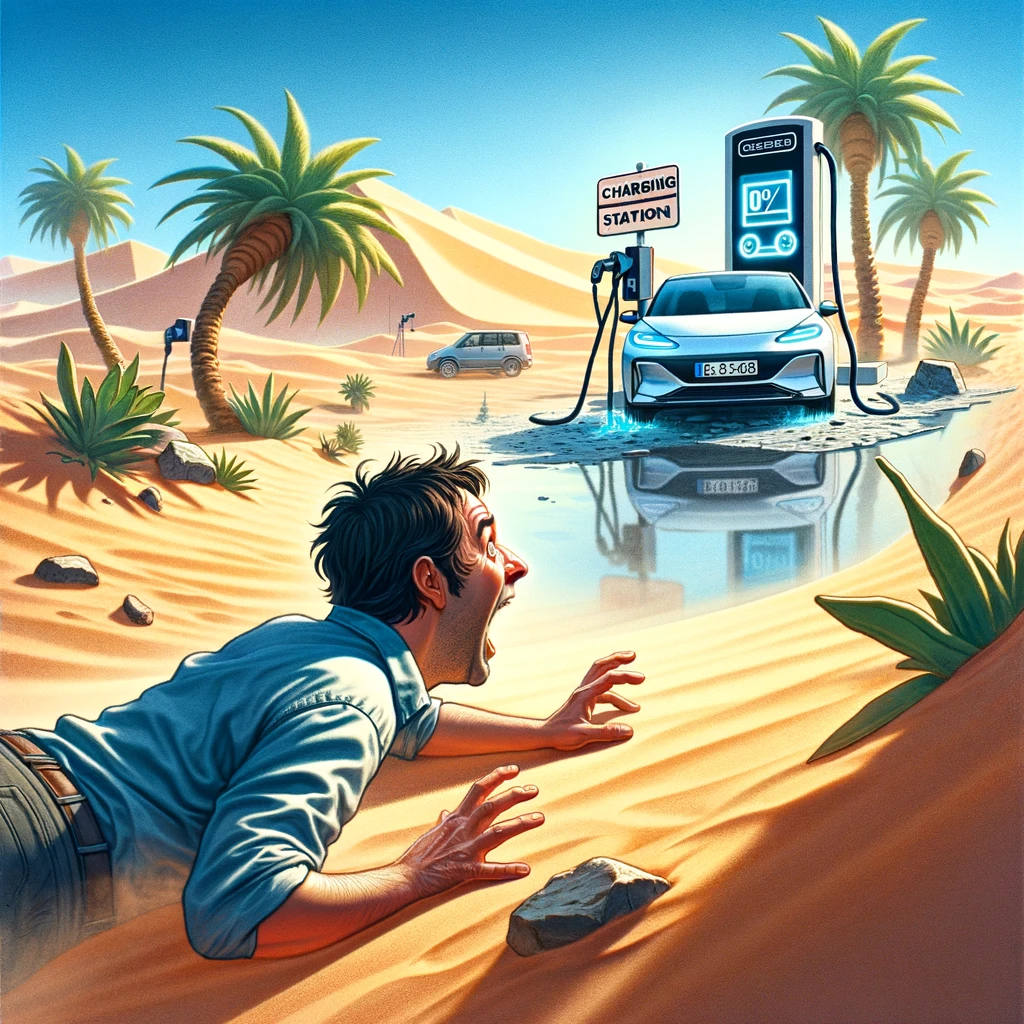 A comical image depicting a driver in a desert, experiencing a mirage-style vision of a charging station as an oasis. The driver appears exhausted and hopeful, gazing towards the mirage with eyes wide open. The mirage shows a charging station surrounded by lush palm trees and a water spring, symbolizing relief and hope. The car, an electric vehicle, is shown with a nearly empty battery indicator. The caption at the bottom reads, 'When you're on 1% battery and finally see a charging station.' The overall tone is humorous and exaggerates the relief of finding a charging station in desperate times.