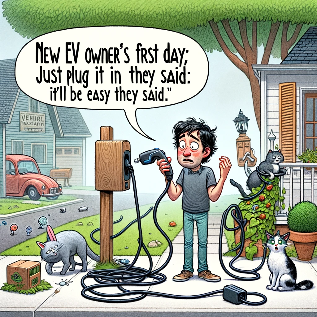 An amusing image of a person trying to plug an electric car charger into various absurd objects, including a tree and a cat. The person should look puzzled and slightly frustrated, embodying the confusion of a new electric vehicle owner. The objects should be humorously unsuitable for plugging in, like a tree, a cat, a mailbox, and a street lamp. The background is a suburban neighborhood to add a sense of everyday life. The caption at the bottom says, 'New EV owner's first day: Just plug it in they said, it'll be easy they said.' The overall scene should be lighthearted and whimsical.