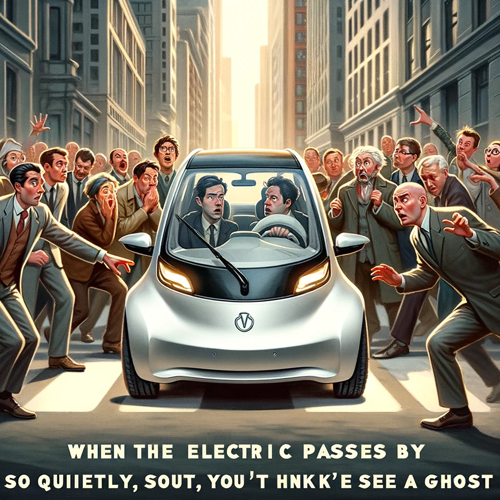 A scene of a city street where people are looking around confused and scared as a silent electric car passes by. The car should be sleek and modern, almost ghost-like in its quietness. The expressions of the pedestrians range from puzzled to slightly frightened, capturing the eerie silence of the EV. Some are pointing, some are covering their ears expecting a noise that isn't there, and some are just frozen in surprise. The caption at the bottom reads, 'When the electric car passes by so quietly, you think you've seen a ghost.' The atmosphere is both humorous and surreal, emphasizing the unexpected silence of electric vehicles.