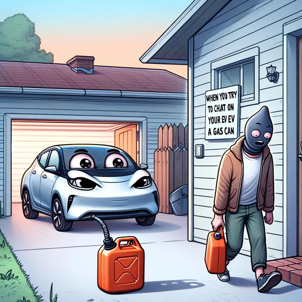 A cartoonish scene depicting a person trying to sneak out of their house with a gasoline can, while an anthropomorphic electric car with a sad, betrayed expression watches from the driveway. The electric car should have large, expressive eyes to emphasize its emotions. The scene should have a humorous tone, and include a caption at the bottom: "When you try to cheat on your EV with a gas can."