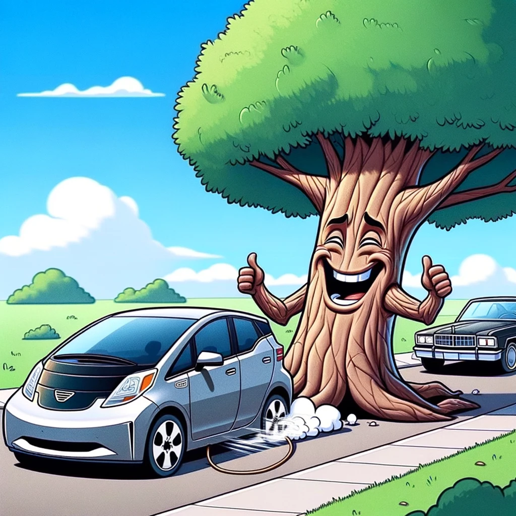 Nature's Revenge meme: A cartoon image showing a large, smiling tree playfully hugging a sleek, modern electric car. The tree, personified with arms and a face, is giving a thumbs down to a passing gas-powered car in the background. The gas car looks outdated and emits a puff of smoke. The scene is set outdoors with a clear blue sky and a few clouds. The caption at the bottom reads: "Mother Nature's new favorite."