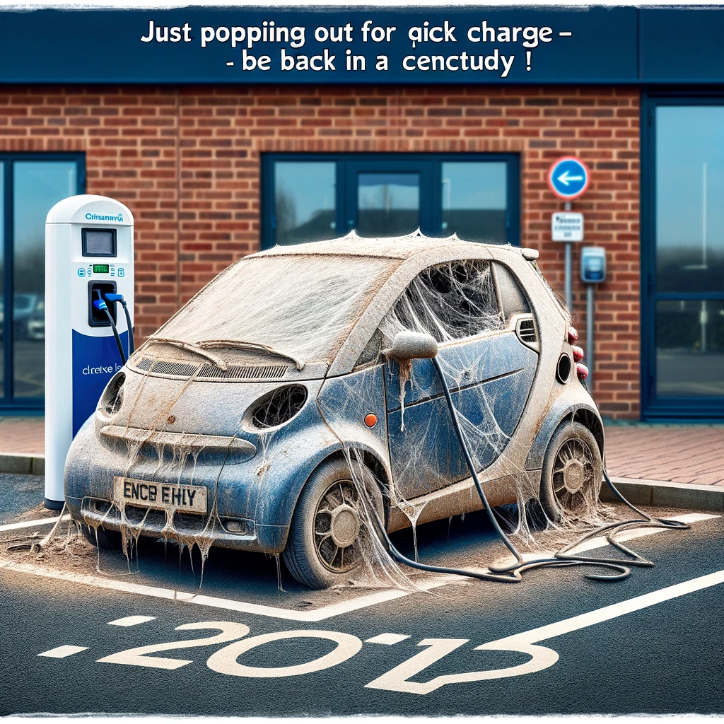 An electric car parked at a charging station covered in cobwebs and dust, conveying a sense of abandonment and prolonged inactivity. The image should have a humorous tone, with a caption at the bottom that reads: "Just popping out for a quick charge - be back in a century!"