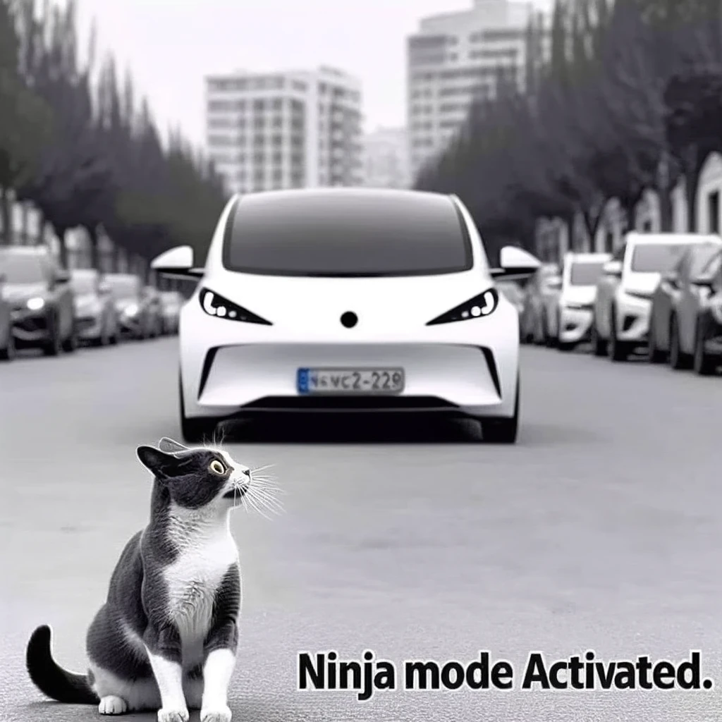 A startled cat turning its head towards an electric car silently approaching from behind. The scene should be humorous and a bit exaggerated, with the cat looking very surprised. Include a caption at the bottom: "Ninja mode: Activated."