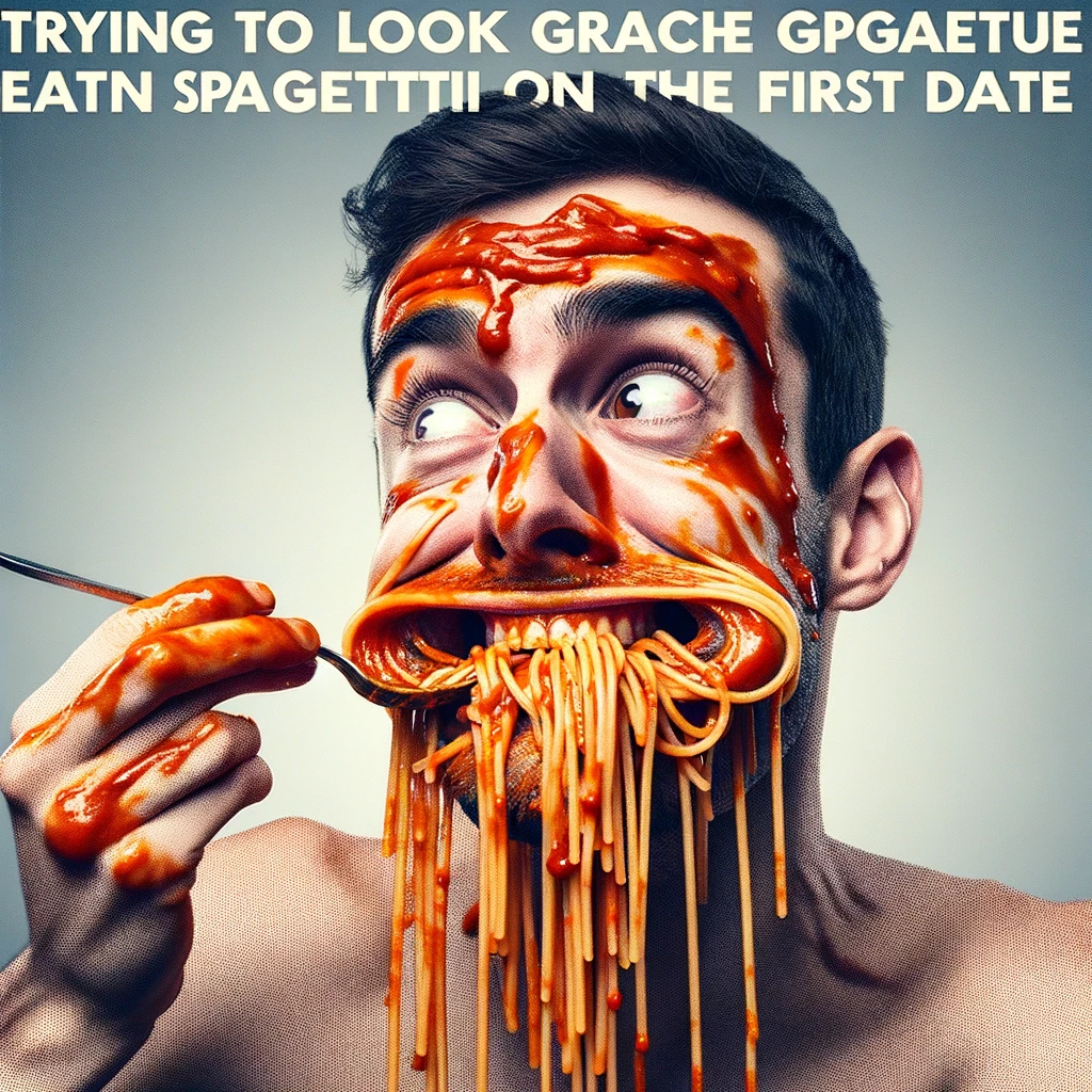 A humorous image showing a person trying to elegantly eat spaghetti but ending up with sauce all over their face. The caption reads: "Trying to look graceful eating spaghetti on the first date." The image should be comical, focusing on the person's struggle with the spaghetti, with a messy face full of sauce, portraying the humorous difficulty of eating spaghetti gracefully.