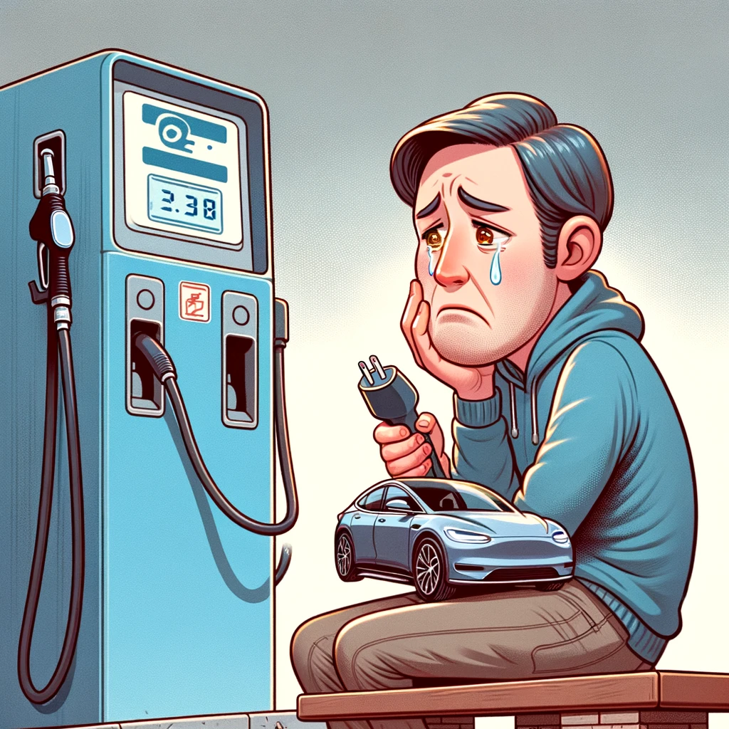 A person looking sadly at a gas pump while holding an electric car charger in their other hand. The person should have a look of longing and nostalgia, as if missing the old days of gasoline cars. The scene should be slightly humorous. Include a caption at the bottom: "Miss the smell of gasoline? You're not alone."