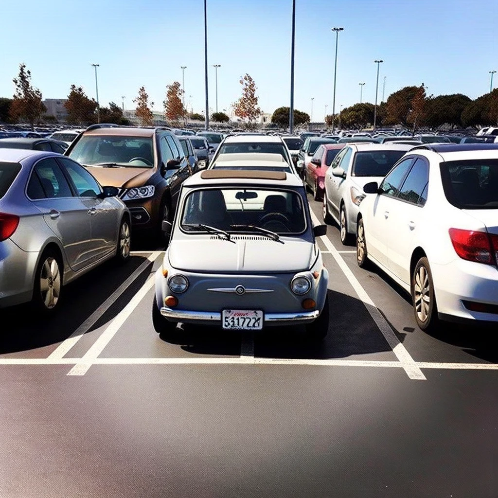 A small car parked diagonally across two parking spaces in a crowded parking lot. The car is noticeably smaller compared to the surrounding vehicles. Caption at the bottom: 'When you love your car so much, it needs two spots.'