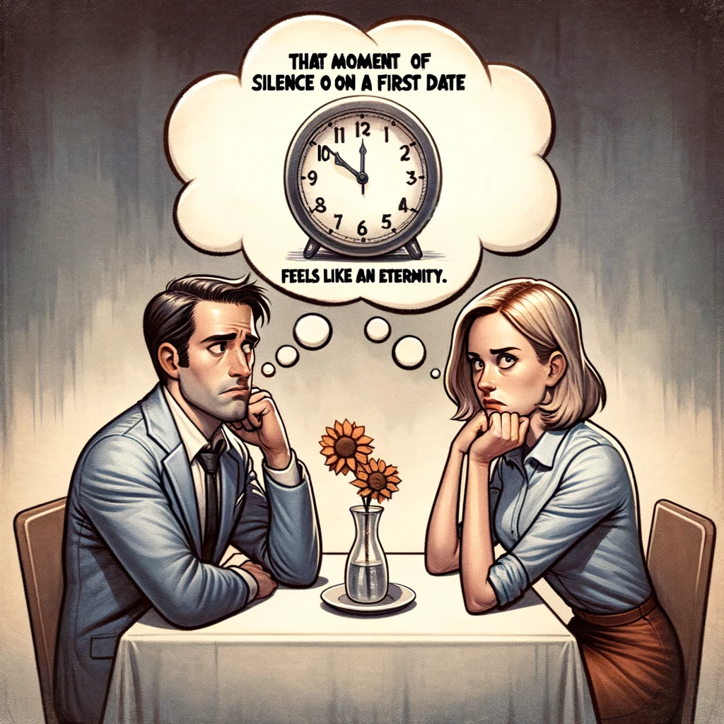 An image of a couple sitting at a table, looking in different directions with awkward expressions. Above them is a thought bubble with a ticking clock. The caption reads: "That moment of silence on a first date that feels like an eternity." The image should capture the awkwardness of the moment, with both individuals visibly uncomfortable and the clock emphasizing the passing time.