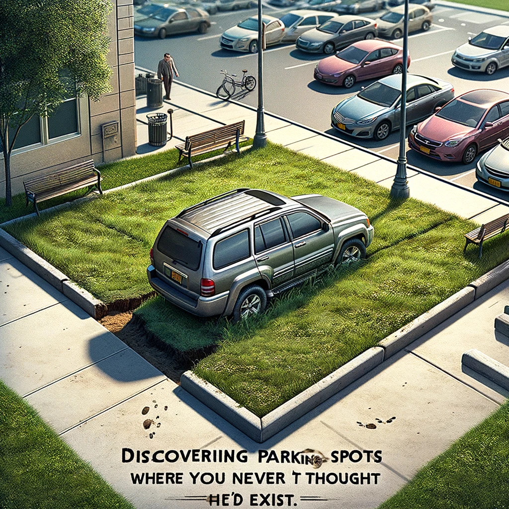 Image of a car parked in a non-parking area, like on a grassy patch or a sidewalk corner. The car is clearly out of place, disrupting the regular flow of pedestrian or green space. Caption at the bottom reads: "Discovering parking spots where you never thought they'd exist." The setting shows a clear contrast between the car's inappropriate parking spot and the normal surroundings, like a park or a sidewalk with pedestrians.