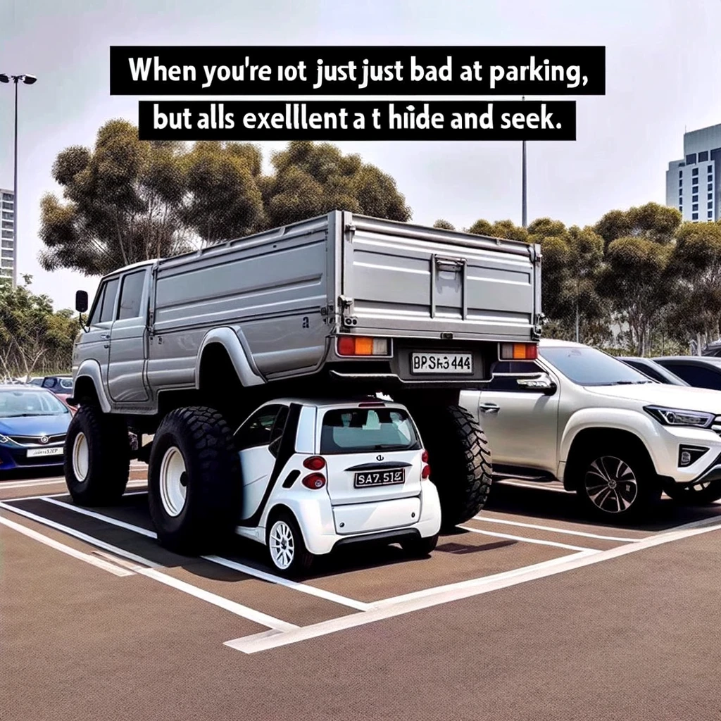 Image of a small car parked under the overhang of a larger vehicle, like a truck or SUV, in a parking lot. The small car is almost hidden under the larger vehicle, creating a 'double decker' parking scenario. Caption at the bottom reads: "When you're not just bad at parking, but also excellent at hide and seek." The setting should show the amusing and unusual nature of this parking situation, with other vehicles parked normally in the background.