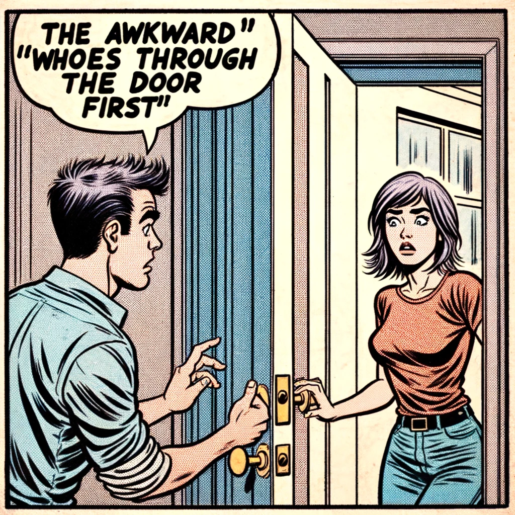 A comic-like image of a person holding the door with a perplexed look, and their date standing there unsure whether to go in or help. The caption: "The awkward 'who goes through the door first' on a first date." The image should have a humorous, light-hearted feel, showcasing the confusion and awkwardness of the moment with exaggerated facial expressions and body language.