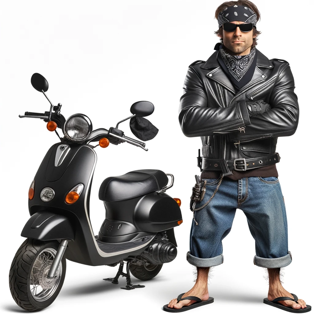 Mismatched Gear Meme: A humorous image of a guy dressed in full biker attire, complete with leather jacket, bandana, and sunglasses. He's standing confidently next to a tiny, comical scooter instead of a big, imposing motorcycle. The funny contrast is highlighted by the fact that he's wearing flip-flops, totally mismatching the tough biker image.