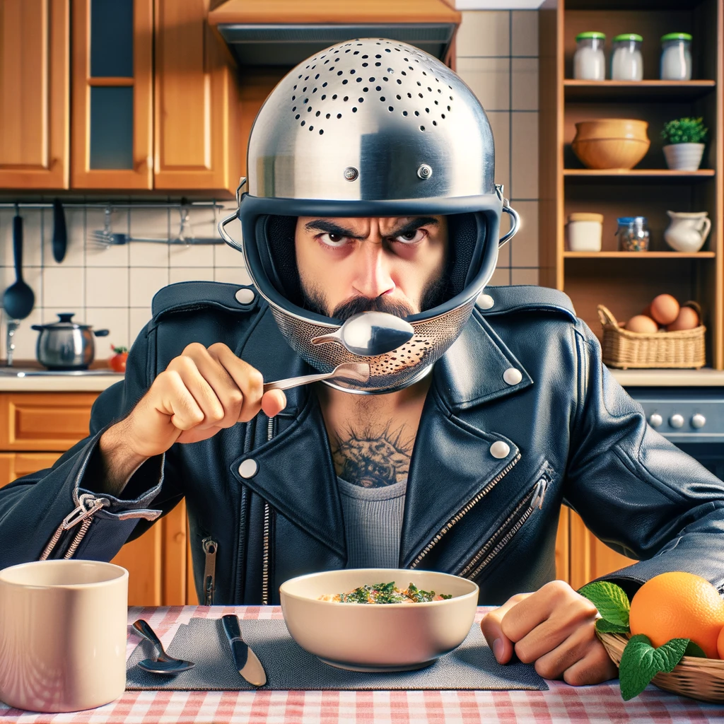 Kitchen Helmet Meme: A comical image showing a person sitting at a breakfast table in a kitchen setting. The person is trying to look tough and biker-like, but instead of a motorcycle helmet, they are wearing a colander on their head. Adding to the humor, they have a spoon in their mouth, resembling a cigar. The scene portrays a lighthearted and funny attempt at being a biker at the breakfast table.