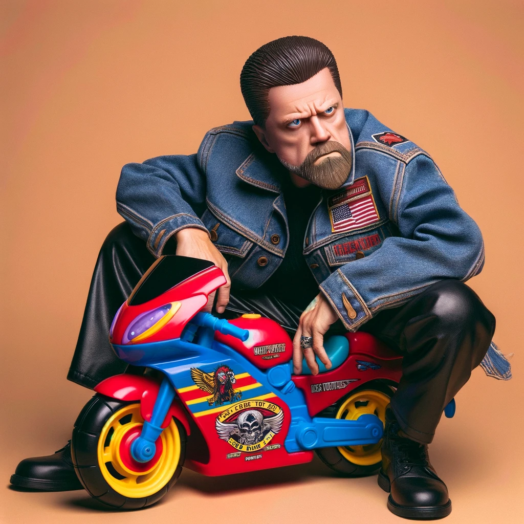 Toy Motorcycle Meme: A funny image depicting a grown man attempting to appear cool and biker-like, but instead of a real motorcycle, he is sitting on a colorful child's toy motorcycle. The man is trying to strike a serious, tough pose, which is humorously contrasted by the small, toy bike. A caption on the image reads, 'Ready for the road trip,' adding to the comedic mismatch between the man's attitude and the toy bike.