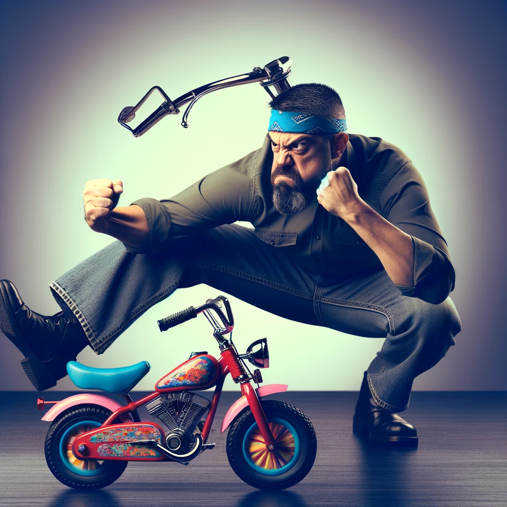 Tough Pose, Tiny Bike Meme: A humorous image featuring a person attempting to strike a tough, biker-like pose. However, instead of a powerful motorcycle, they are perched on a small, brightly colored bicycle designed for kids. The scene is comical, highlighting the stark contrast between the person's serious demeanor and the childishness of the tiny bike. This image captures the amusing discrepancy, adding a lighthearted touch to the wannabe biker theme.