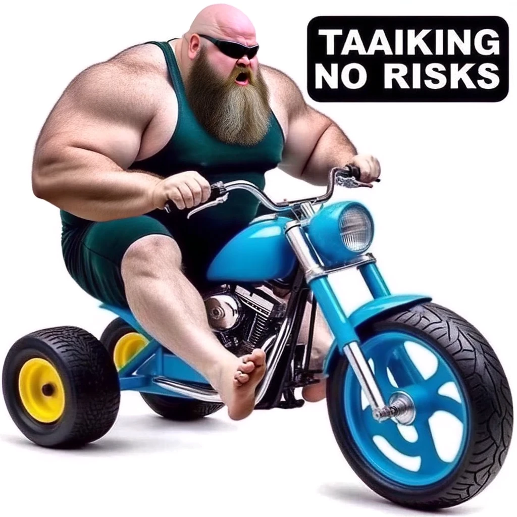 Training Wheels Meme: A comedic image showing a big, burly man on a motorcycle, trying to look tough and intimidating. However, the humor is in the fact that the motorcycle has training wheels attached to it. This contrast between the man's tough appearance and the child-like addition of training wheels creates a humorous scene. A caption on the image reads, 'Taking no risks,' adding to the lighthearted, ironic nature of the meme.