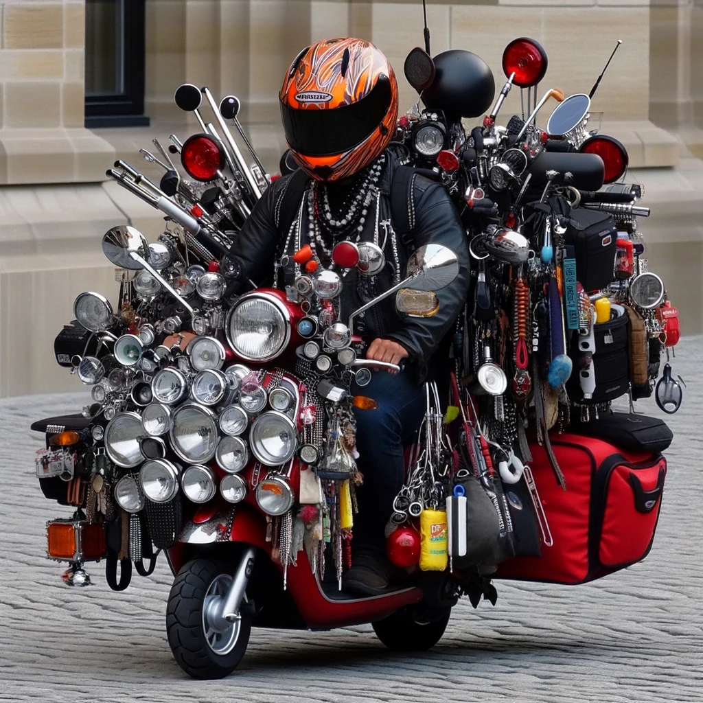 Overloaded with Accessories Meme: An image showing a person on a small scooter, trying to look like a serious biker. The scooter is humorously overloaded with every possible motorcycle accessory, including extra mirrors, lights, and bags. The person is wearing a full biker outfit, but the mismatch between the small scooter and the excessive accessories creates a funny and ironic scene. The image captures the person's attempt to fit in with the biker image, but clearly going overboard in the effort.