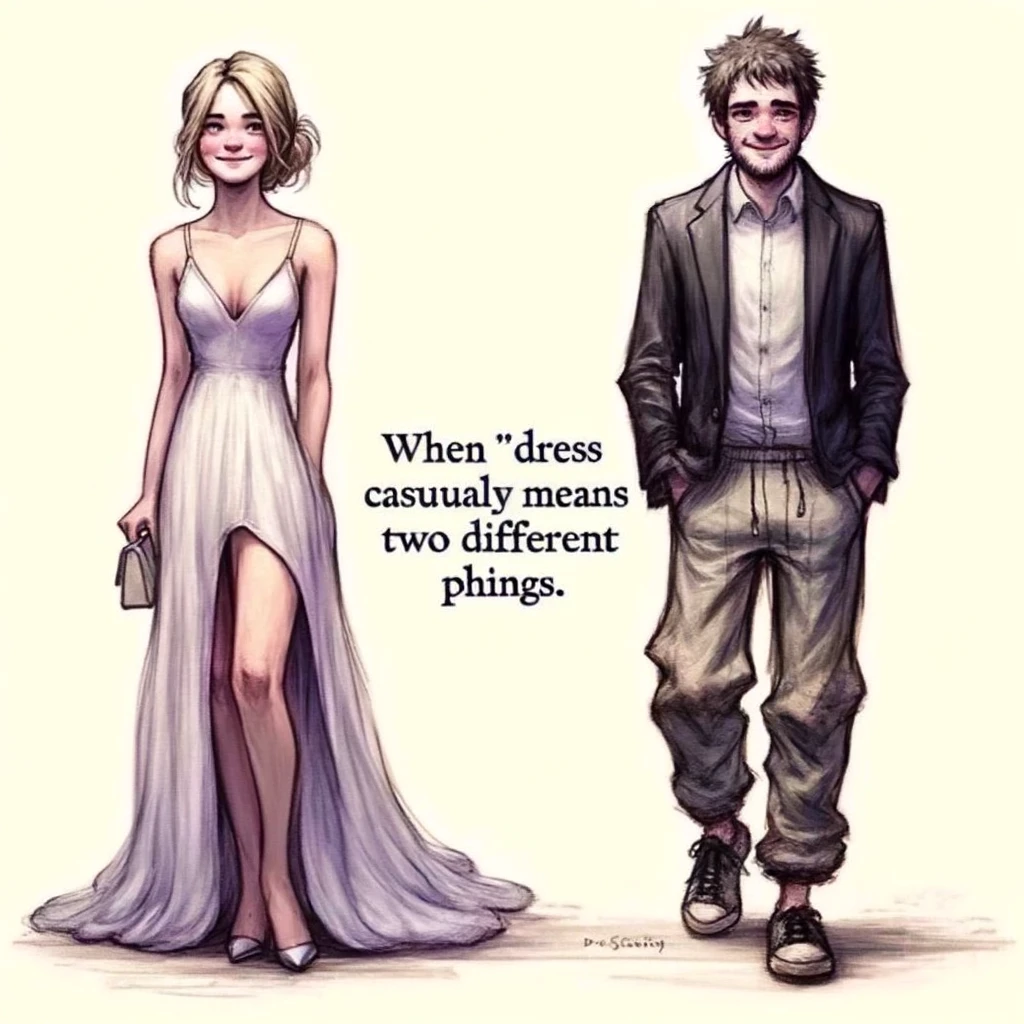 An image of two people on a date, where one is dressed in elegant, formal attire and the other is in casual, almost sloppy clothes. The caption reads: "When 'dress casually' means two different things." The image should highlight the stark contrast in their attire, capturing the humorous and awkward mismatch of expectations for the date.