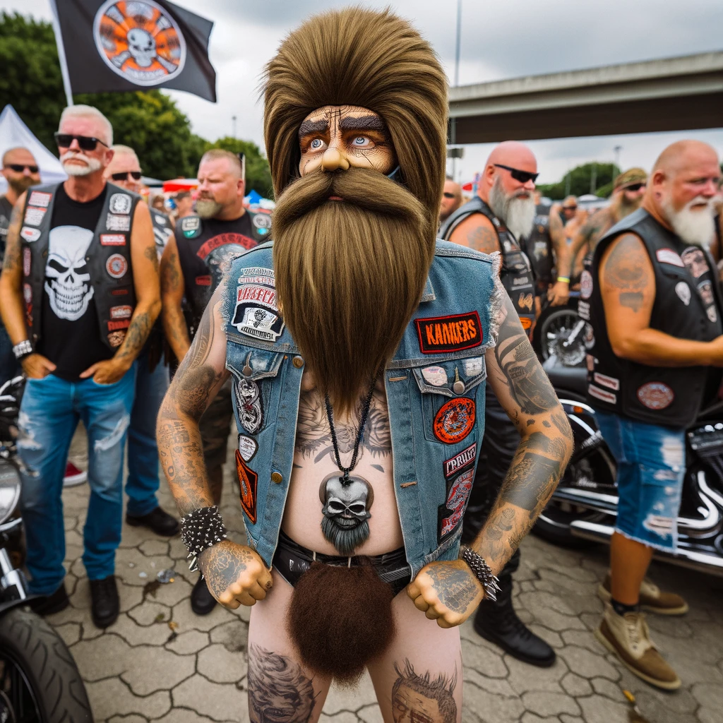 A person dressed in an overly exaggerated biker costume, complete with fake tattoos, a stick-on beard, and overly large biker accessories. They are standing uncertainly at a real biker gathering, where genuine bikers are looking at them with a mix of amusement and confusion. The setting is an outdoor biker event, with motorcycles and biker flags in the background.