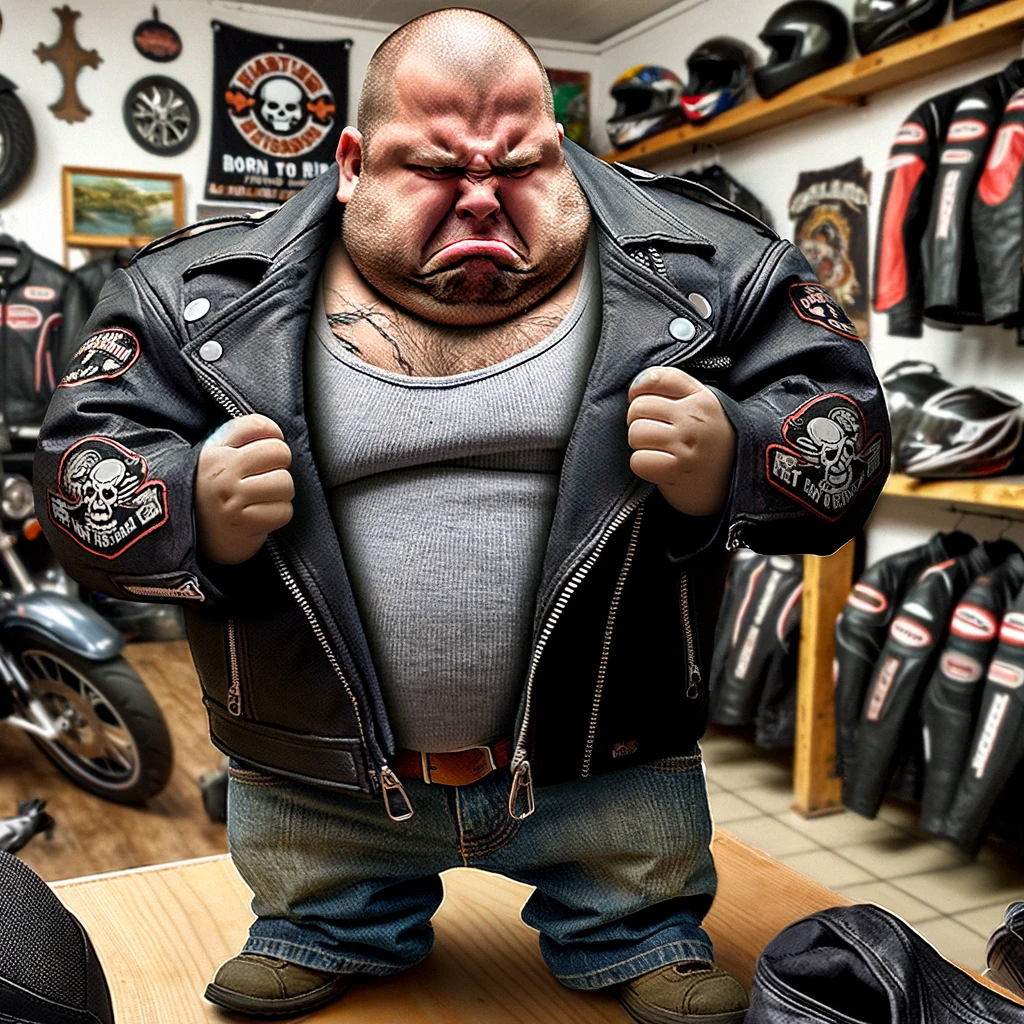 A large, tough-looking person trying to squeeze into a child-sized biker jacket. The person's arms are half-stuck in the sleeves, and the jacket is obviously too small, creating a humorous contrast with their tough appearance. The background is a biker shop with various motorcycle gear. A caption is included at the bottom: 'Born to ride, but the jacket didn't get the memo.'