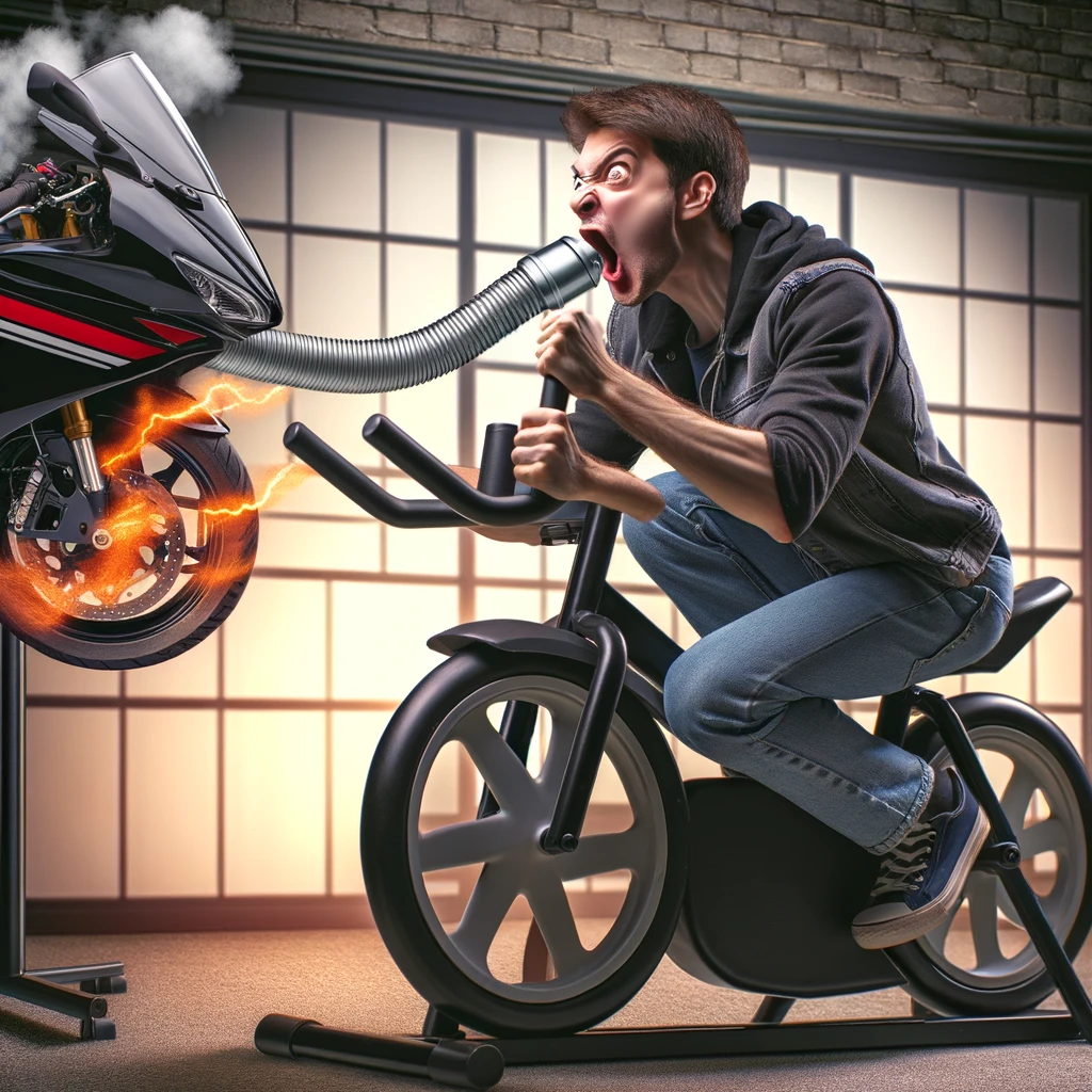 A person sitting on a stationary bike, making exaggerated vroom-vroom noises with their mouth. They are pretending to be in a high-speed chase, with an intense, focused expression. The background shows a garage with a real motorcycle parked nearby, highlighting the contrast between their pretend play and the actual bike. The image conveys a humorous depiction of a motorcycle enthusiast indulging in their imagination.