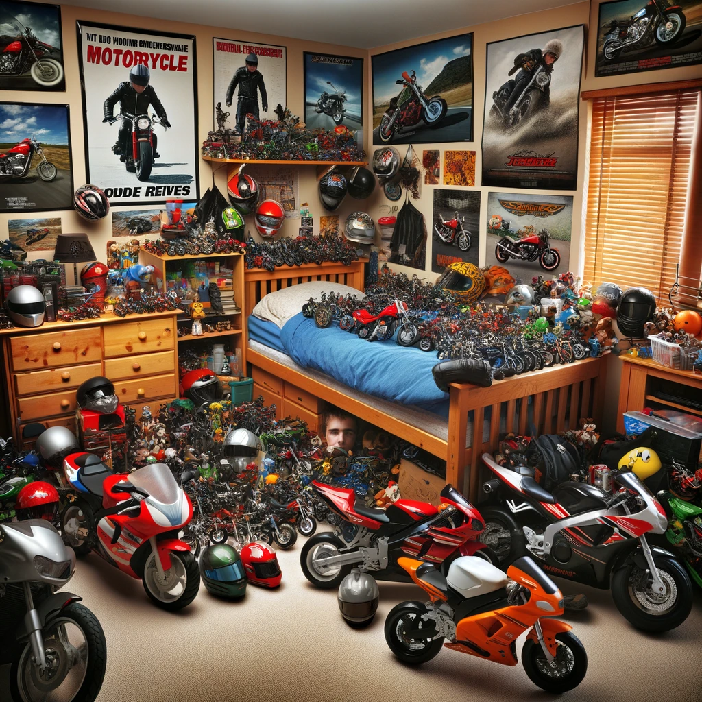 A bedroom filled with motorcycle posters, toy bikes, and various biker gear, such as helmets and gloves, but it's clear the person has never ridden a real bike. The room is neat and orderly, more like a collector's showcase than a biker's den. The contrast between the motorcycle enthusiasm and the lack of real biking experience is evident, creating a humorous scene for a biker wannabe's bedroom.
