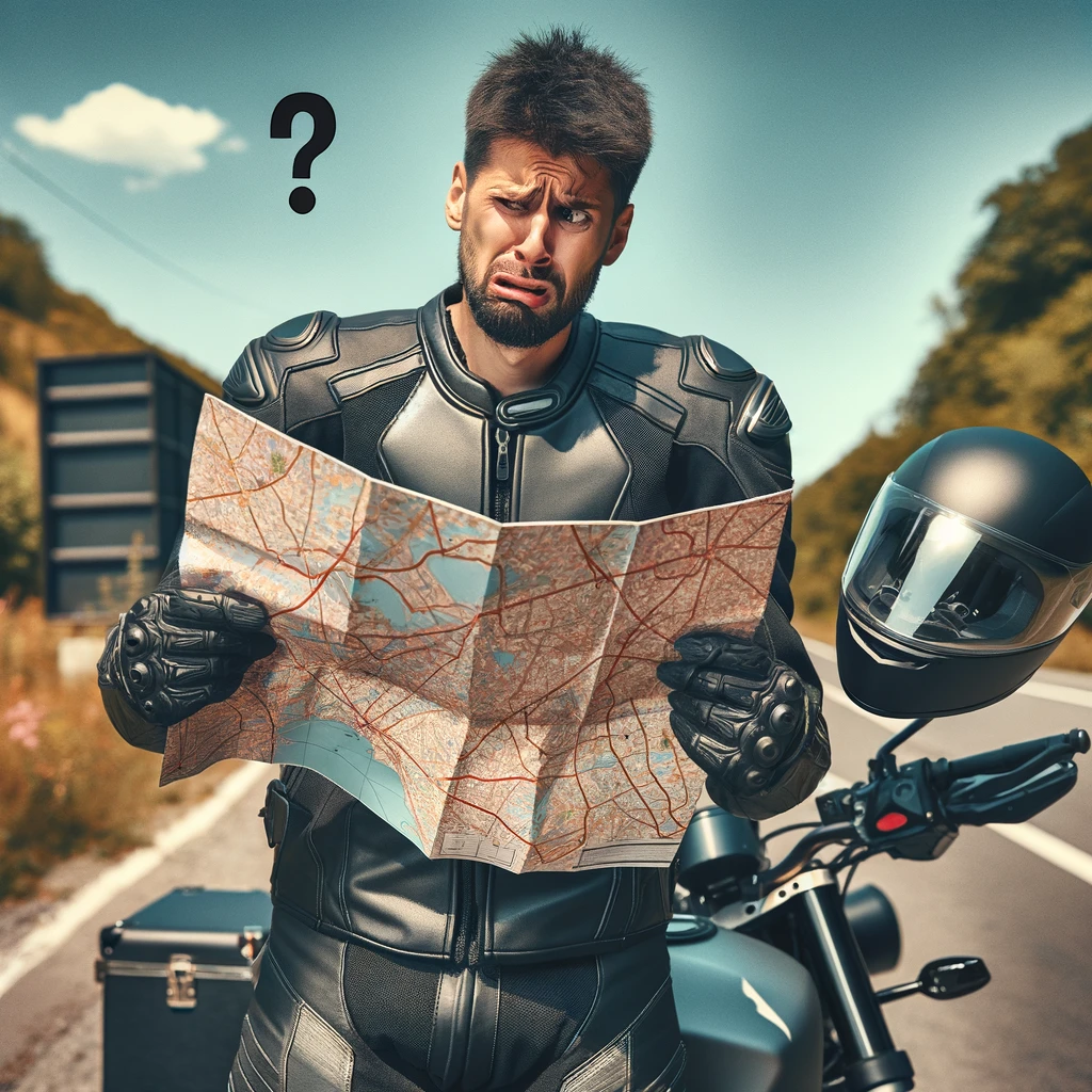 A biker looking confused and holding a map upside down. The biker is in full gear, standing next to their motorcycle on the side of a road, with a puzzled expression as they try to figure out the map. The setting is a scenic route with a clear sky and natural surroundings. The caption at the bottom reads: 'Real bikers never ask for directions, even when they should.' This adds a humorous touch to the GPS confusion theme.