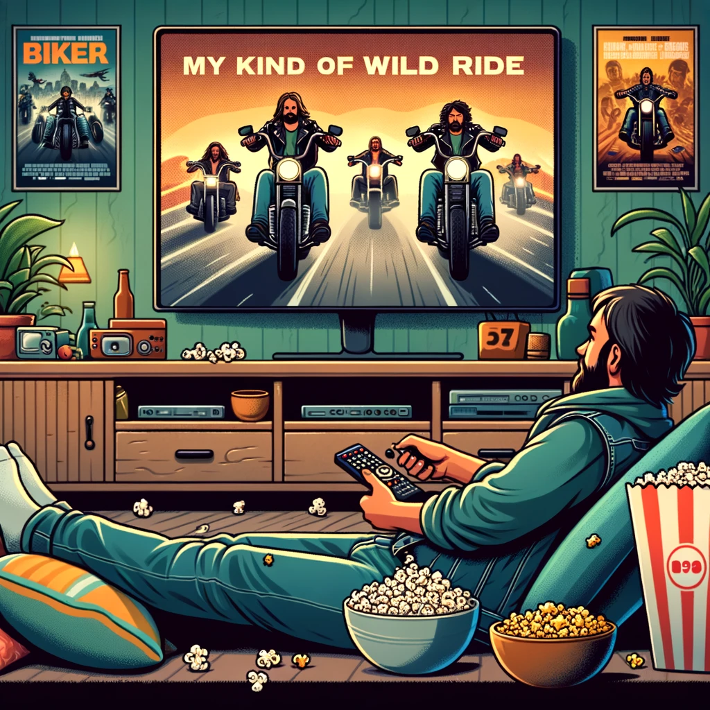 A person lounging on a couch, surrounded by snacks, watching back-to-back biker movies on a large TV screen. The person is wearing casual clothes, with a remote in one hand and a bowl of popcorn in the other, looking engrossed in the action on screen. The room is cozy, with movie posters and a relaxed ambiance, depicting a laid-back version of a biker's wild ride. A caption reads: 'My kind of wild ride - biker movie marathon.'