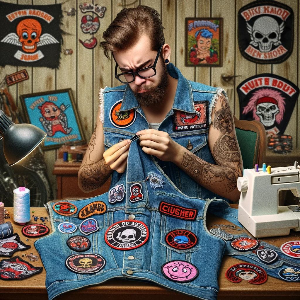 A person sewing patches onto a denim vest, but the patches are all non-biker related, like cartoon characters or random logos. The person is sitting at a table with a sewing kit, looking focused and determined to fit into the biker culture despite the mismatched patches. The room around them is filled with various biker memorabilia, creating a contrast between their effort and the typical biker aesthetic. The scene is humorous, showing the person's misguided attempt to blend into biker culture.
