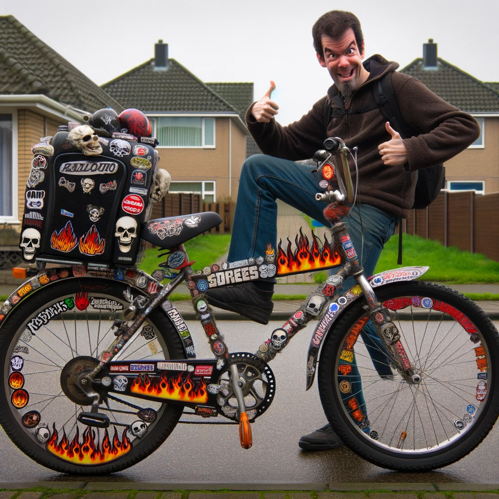 Sticker Power: A humorous scene showing a person with a proud expression, standing next to their regular bicycle. The bicycle is covered in an excessive amount of flame and skull stickers, giving it an over-the-top appearance. The person is posing as if they are next to a high-powered motorcycle, complete with exaggerated confidence and a thumbs-up gesture. The background is a typical suburban street to contrast the ordinary setting with the person's amusing delusion of grandeur.