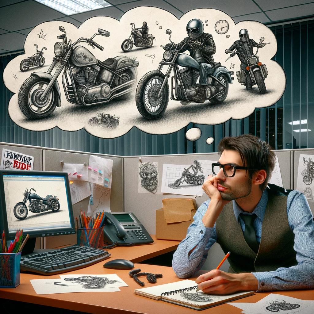 Fantasy Ride: An image depicting a daydreaming office worker sitting in a cubicle, doodling motorcycles on a notepad. The worker is lost in imagination, visualizing themselves as the leader of a biker gang. The surroundings are a typical office environment, with a computer, desk items, and office decor. The worker's expression is one of longing and fantasy, contrasting with the mundane reality of office life. The doodled motorcycles on the notepad should be exaggerated and stylized, reflecting the worker's idealized biker dreams.