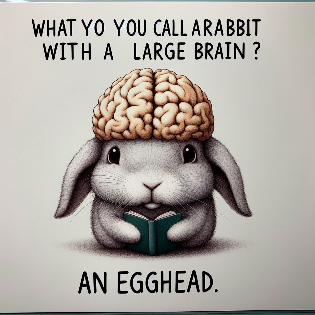 A clever portrayal of a rabbit with an oversized brain, symbolizing intelligence. The bunny has a thoughtful expression and is holding a book, showcasing its intellectual pursuits. The caption reads: "What do you call a rabbit with a large brain? An egghead."