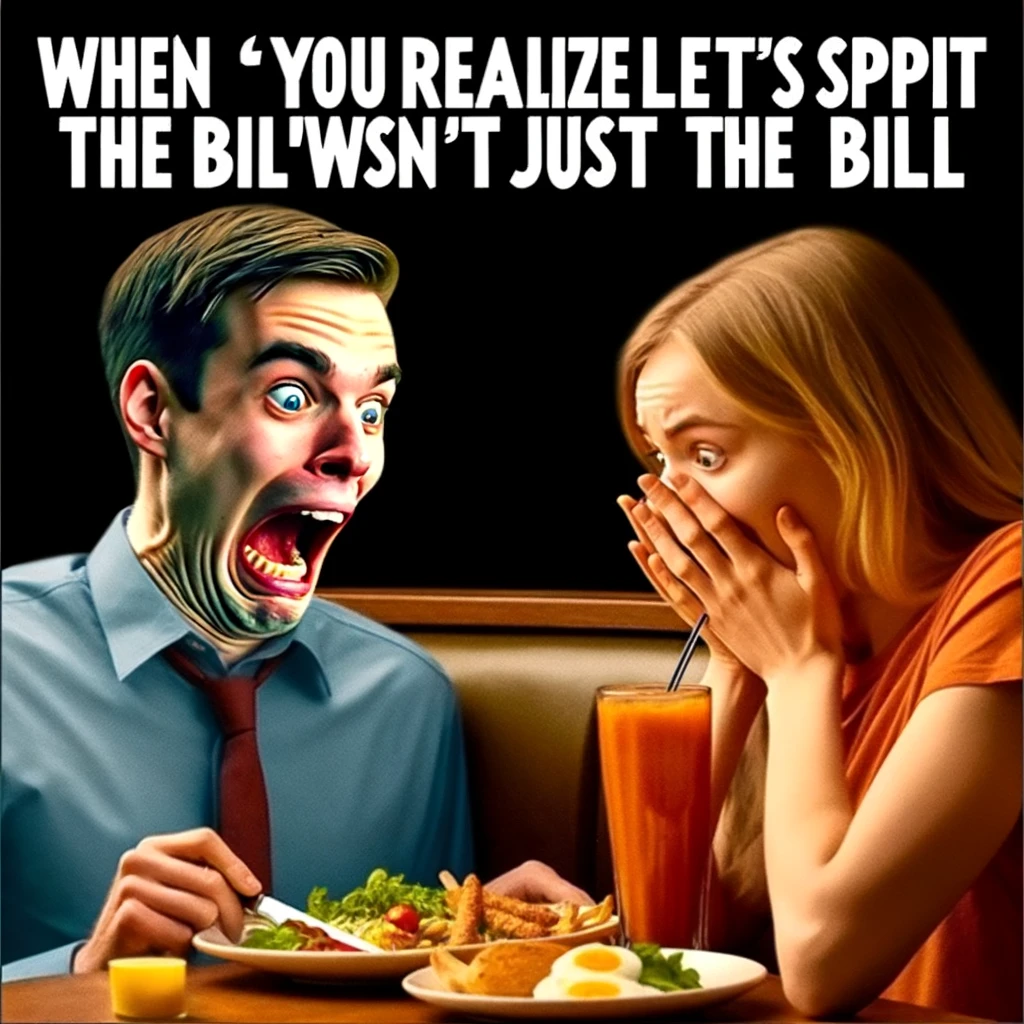 A humorous picture of a person's shocked face as they look at the restaurant bill. The other person is obliviously enjoying their meal. The caption: "When you realize 'Let's split the bill' wasn't just a polite offer." The image should focus on the exaggerated shocked expression of one person and the clueless enjoyment of the other, emphasizing the comedic aspect of the unexpected bill-splitting situation.