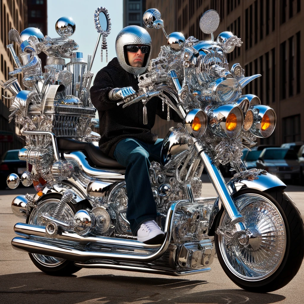 Too Much Chrome: A humorous image of a scooter completely covered in shiny chrome accessories, overdoing the customization. The rider is posing with an exaggerated sense of pride, as if they are on a high-end custom chopper. The background should be a typical urban setting, highlighting the ordinary scooter amidst the urban landscape. The chrome accessories are excessive to the point of absurdity, including oversized mirrors, flashy lights, and other chrome embellishments, adding to the comedic effect.