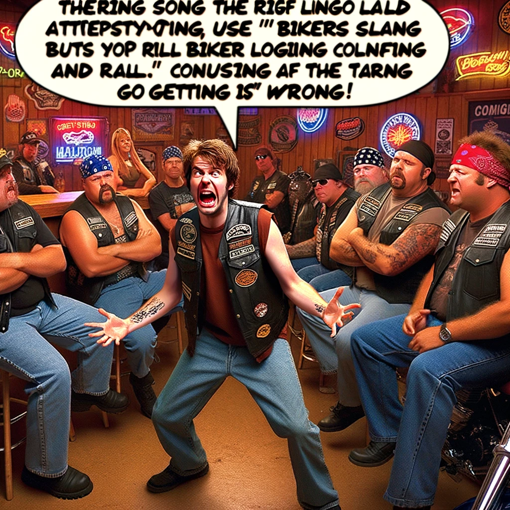 Biker Lingo Fail: A funny image capturing the moment a person is attempting to use biker slang but getting all the terms wrong. This person is in a group of real bikers, causing confusion and amusement among them. The setting is a typical biker hangout spot, like a bar or a motorcycle club. The person is enthusiastically trying to fit in, using absurdly incorrect slang, while the real bikers around them are reacting with a mix of bewilderment and laughter, adding to the comedic scenario.