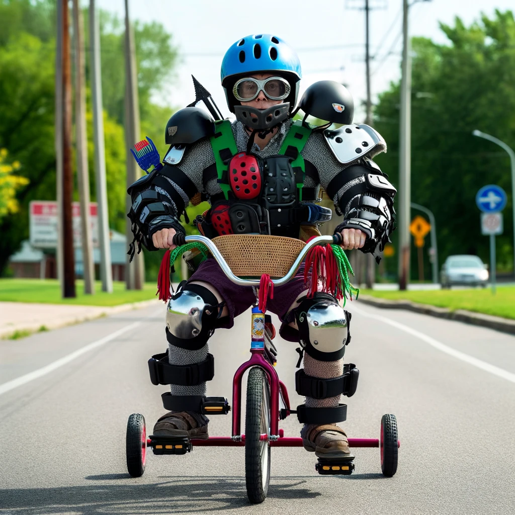 Safety First: A comedic image showcasing a wannabe biker wearing an excessive amount of safety gear. The person is adorned with multiple helmets, knee pads, elbow pads, and other protective equipment, making them look overly cautious. They are riding a very slow and safe bike, such as a tricycle or a small bicycle with training wheels. The setting is an open, safe area like a park or a quiet street. The person's serious demeanor contrasts humorously with their overly protected appearance and the simplicity of their bike.