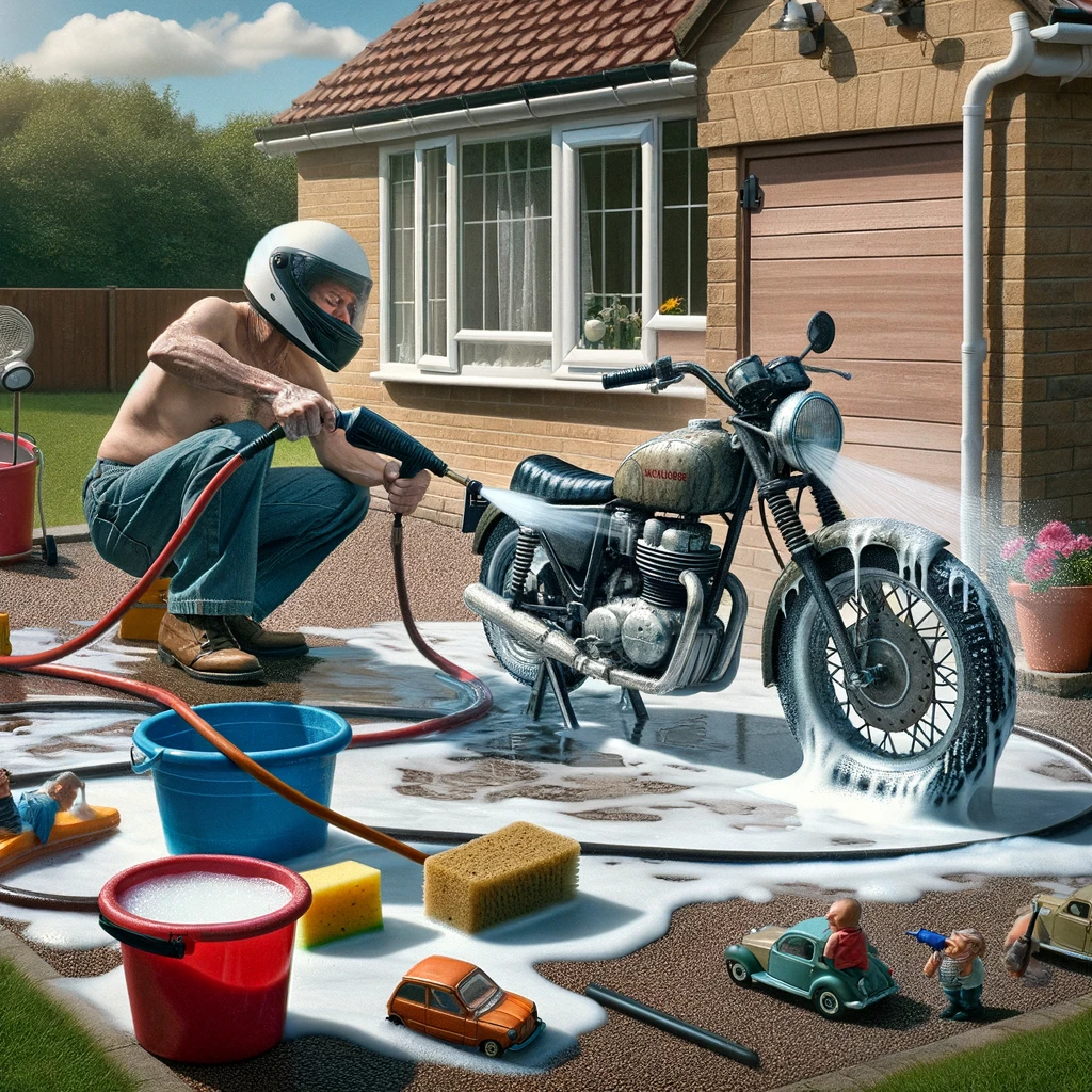 Motorcycle Wash: A humorous scene where someone is washing a tiny motorbike in their driveway. The person is using all the elaborate equipment and techniques suitable for a full-size motorcycle, such as high-pressure hoses, sponges, and buckets of soap. The motorbike is comically small, resembling a child's toy bike, yet the person is treating the washing process with utmost seriousness, as if they are caring for a luxurious motorcycle. The background should be a typical suburban home setting, adding to the absurdity of the situation.