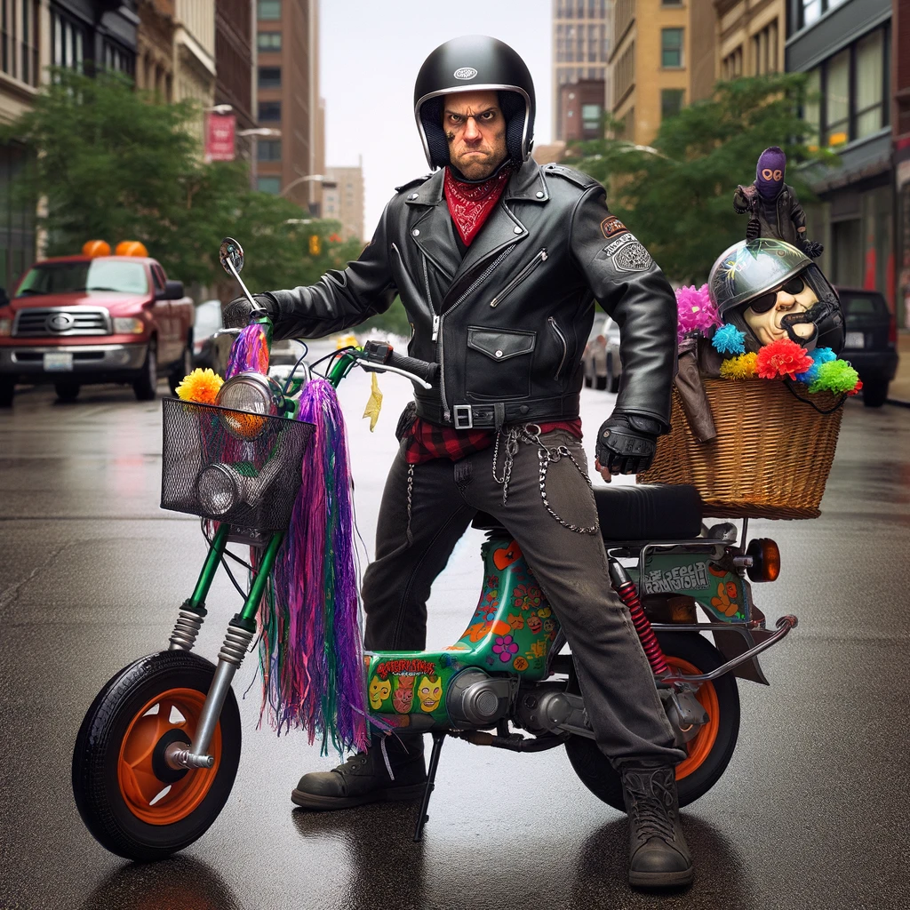 The 'Tough' Look: A comical image of a person attempting to look menacing and tough in full biker gear. The gear includes a leather jacket, helmet, and gloves. However, their ride is a colorful moped with a basket and streamers, undermining their tough appearance. The setting is on a city street, where the person is trying to pose as a hardcore biker, but the playful and cheerful design of the moped creates a humorous contrast. The person's expression is serious and tough, adding to the comedic juxtaposition.