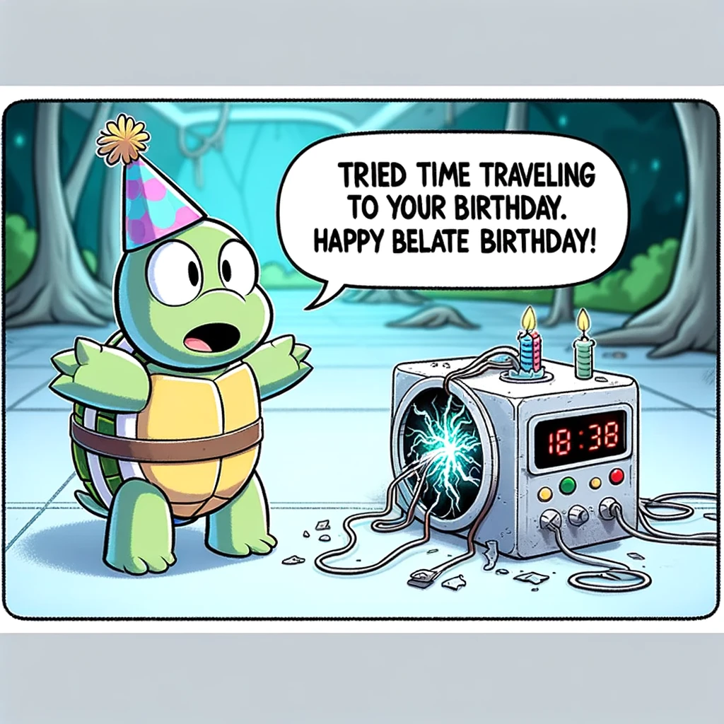 A cartoon turtle wearing a tiny party hat, standing beside a broken time machine with a shocked expression. The background shows a hint of a chaotic time warp. The caption at the bottom reads: 'Tried time traveling to your birthday. Happy belated birthday!'