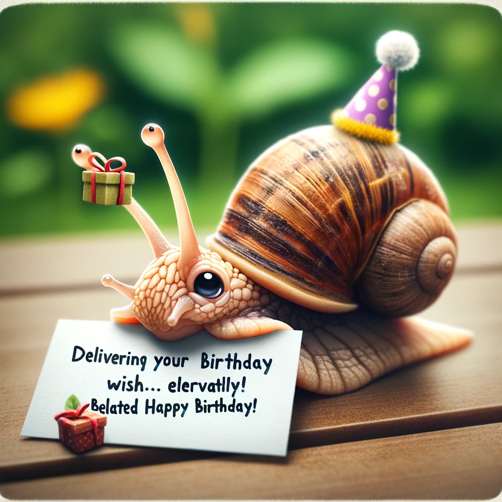 A cute snail wearing a tiny birthday hat, carrying a small, belated birthday card on its shell. The background is a garden setting. Include a caption at the bottom: 'Delivering your birthday wish... eventually! Belated happy birthday!'
