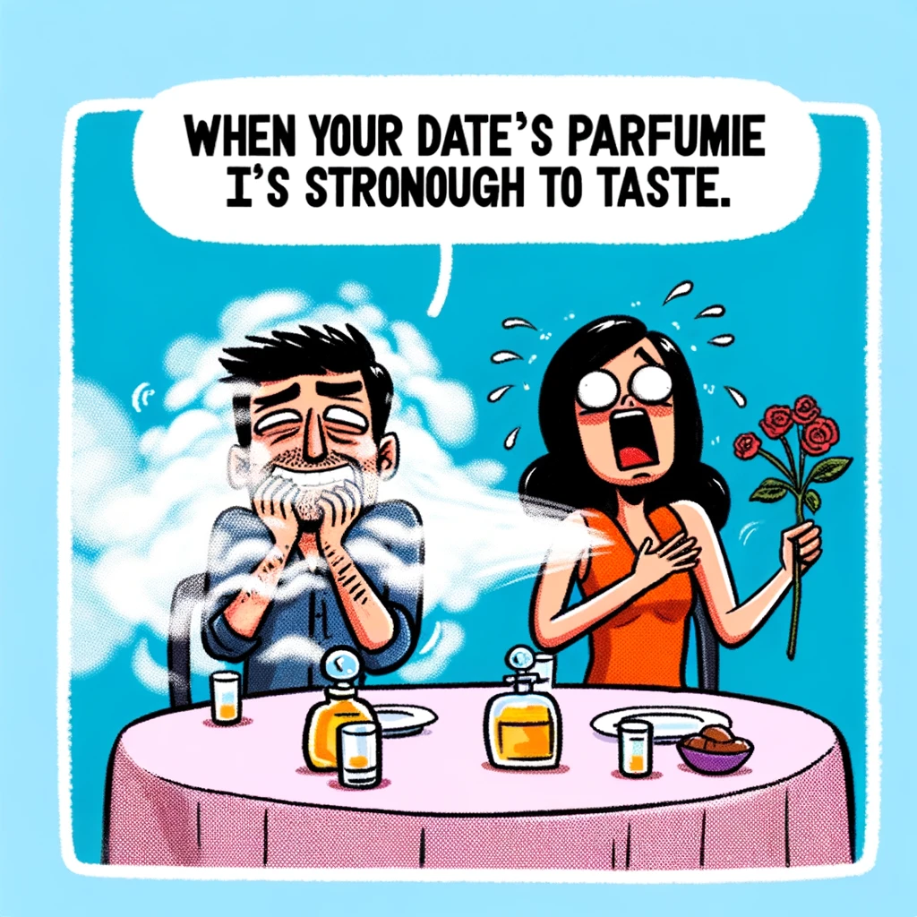 A comical image of one person on a date almost fainting or looking overwhelmed, surrounded by a visible cloud of perfume or cologne. The other person is blissfully unaware, enjoying their scent. The scene captures the moment of discomfort and obliviousness in a humorous light. The image should be cartoonish, emphasizing the exaggerated expressions of the characters to enhance the humor. The caption reads: "When your date's perfume/cologne is strong enough to taste."